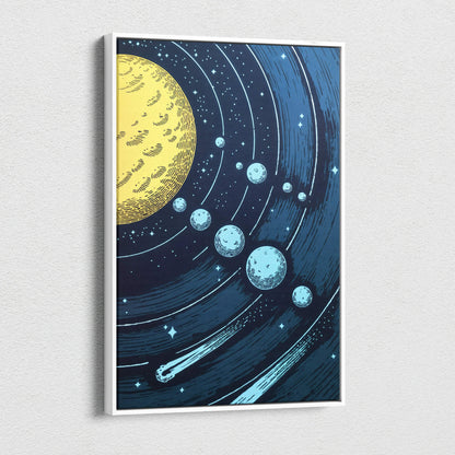 Framed canvas wall art of yellow moon, blue planets orbiting golden sun in navy starry sky
