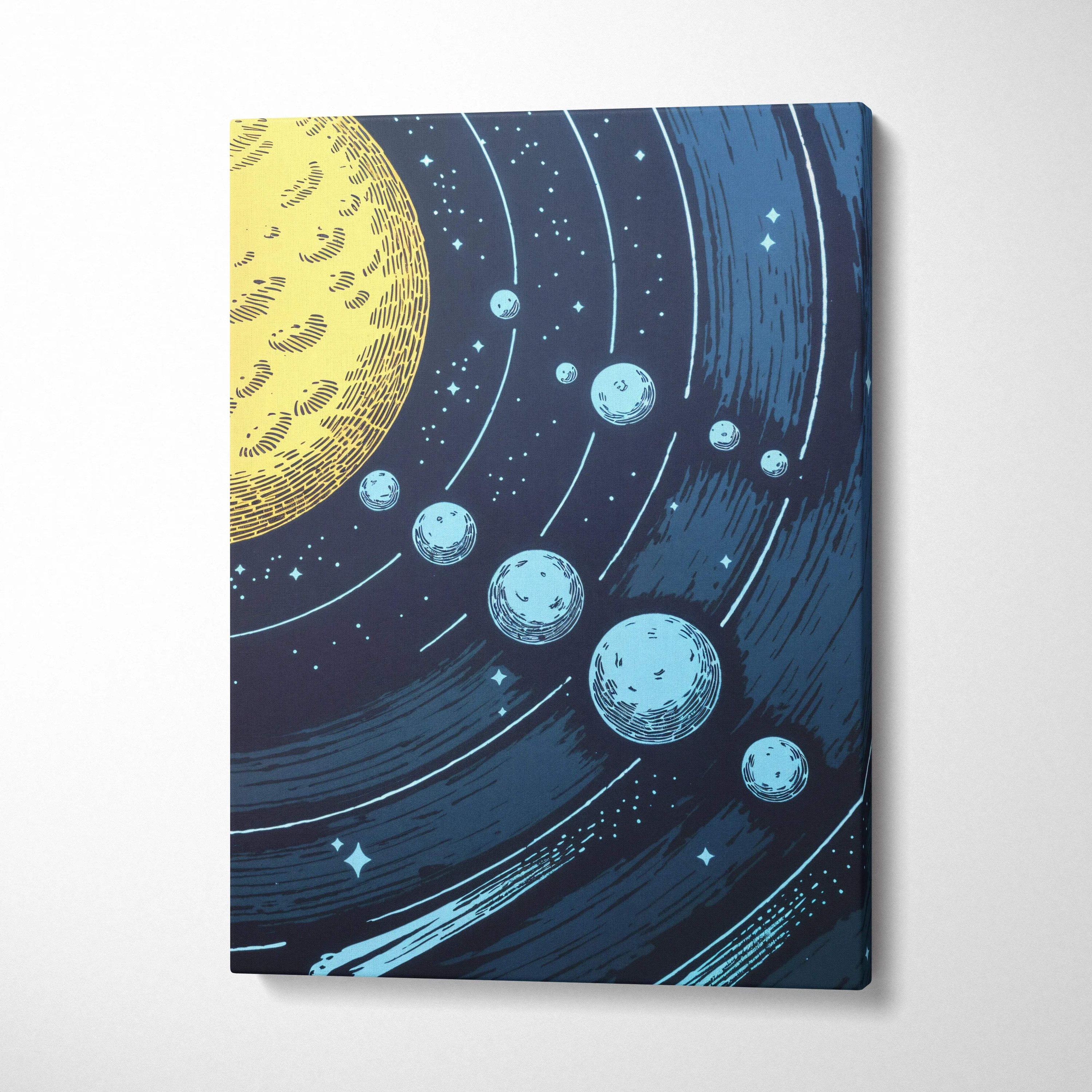 Vibrant canvas wall art of stylized celestial scene with orbiting blue planets around yellow central star in navy starry sky