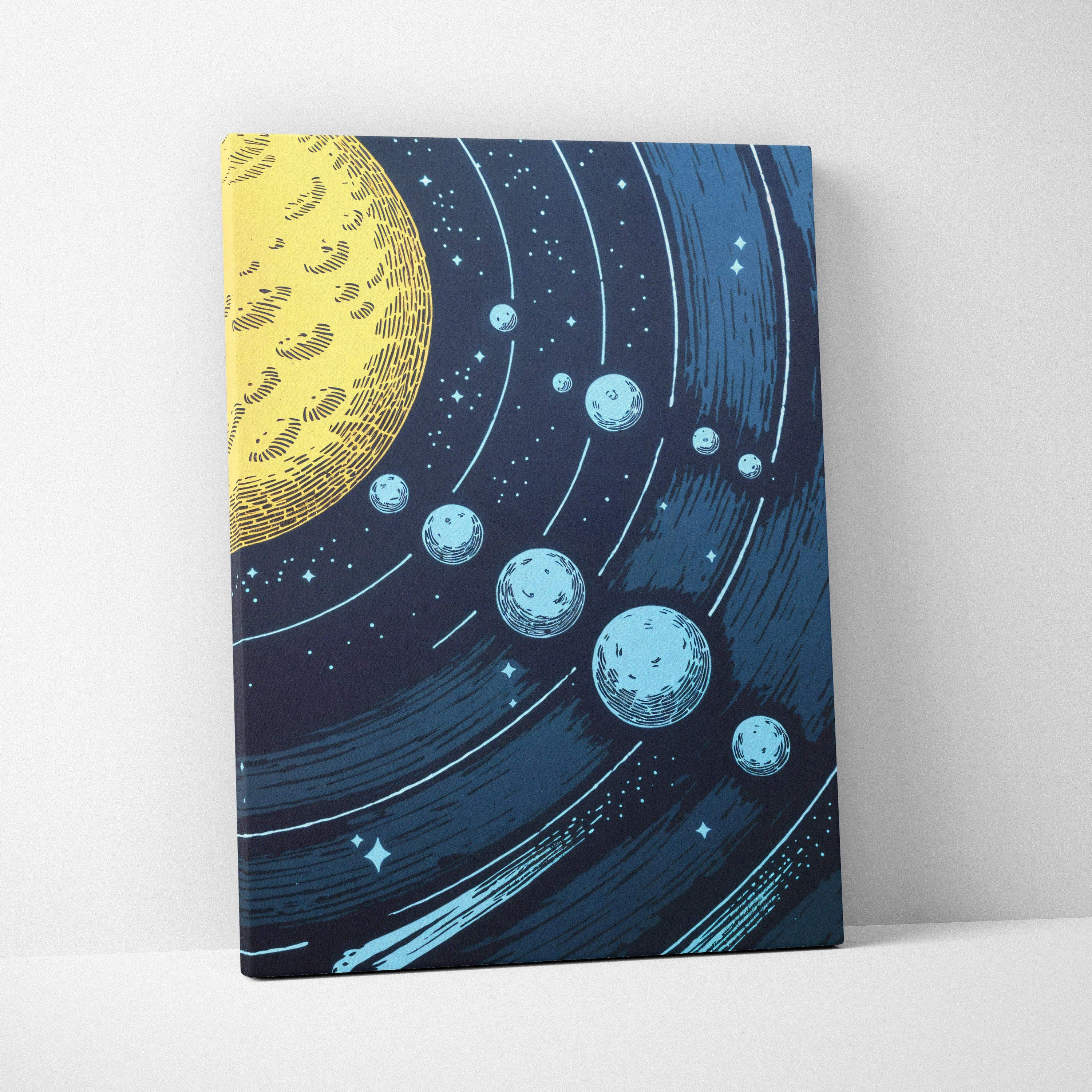 Vibrant canvas print of yellow moon, blue planets orbiting in navy starry sky