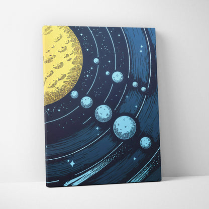 Vibrant canvas print of yellow moon, blue planets orbiting in navy starry sky