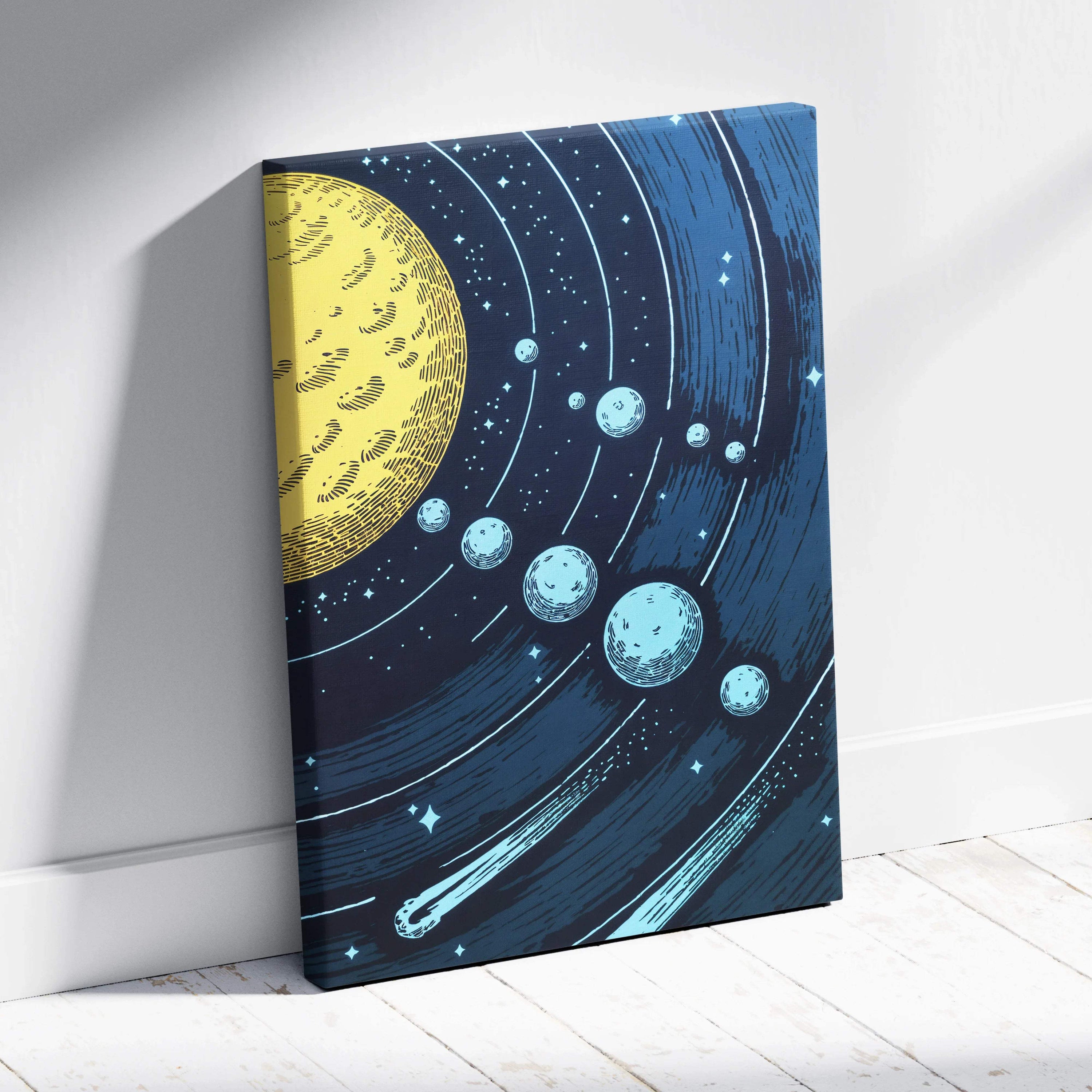 Stylized celestial canvas art with golden sun, orbiting blue planets, shooting stars on navy background