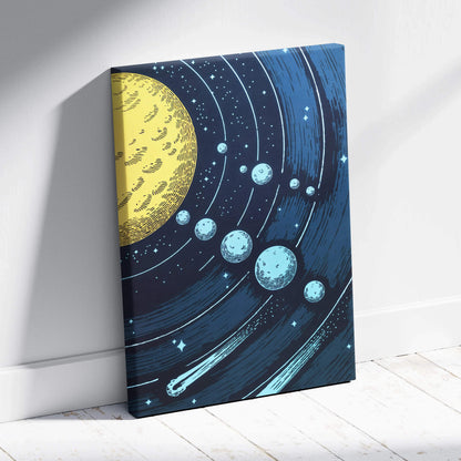 Stylized celestial canvas art with golden sun, orbiting blue planets, shooting stars on navy background