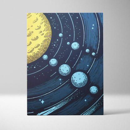 Canvas print of stylized celestial scene with orbiting planets around golden sun on navy background