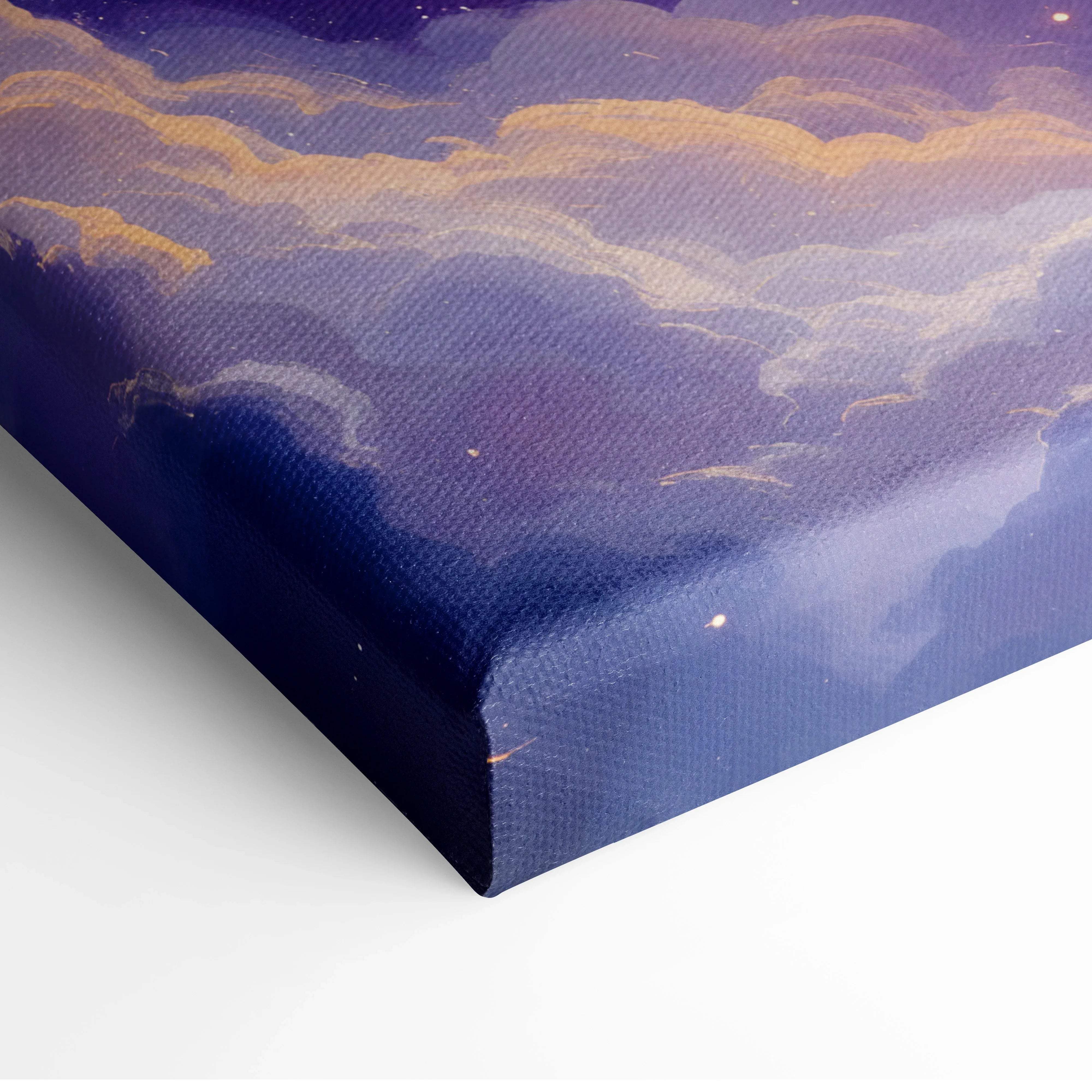 Canvas print of surreal celestial scene with luminous core in blue-purple sky and golden clouds
