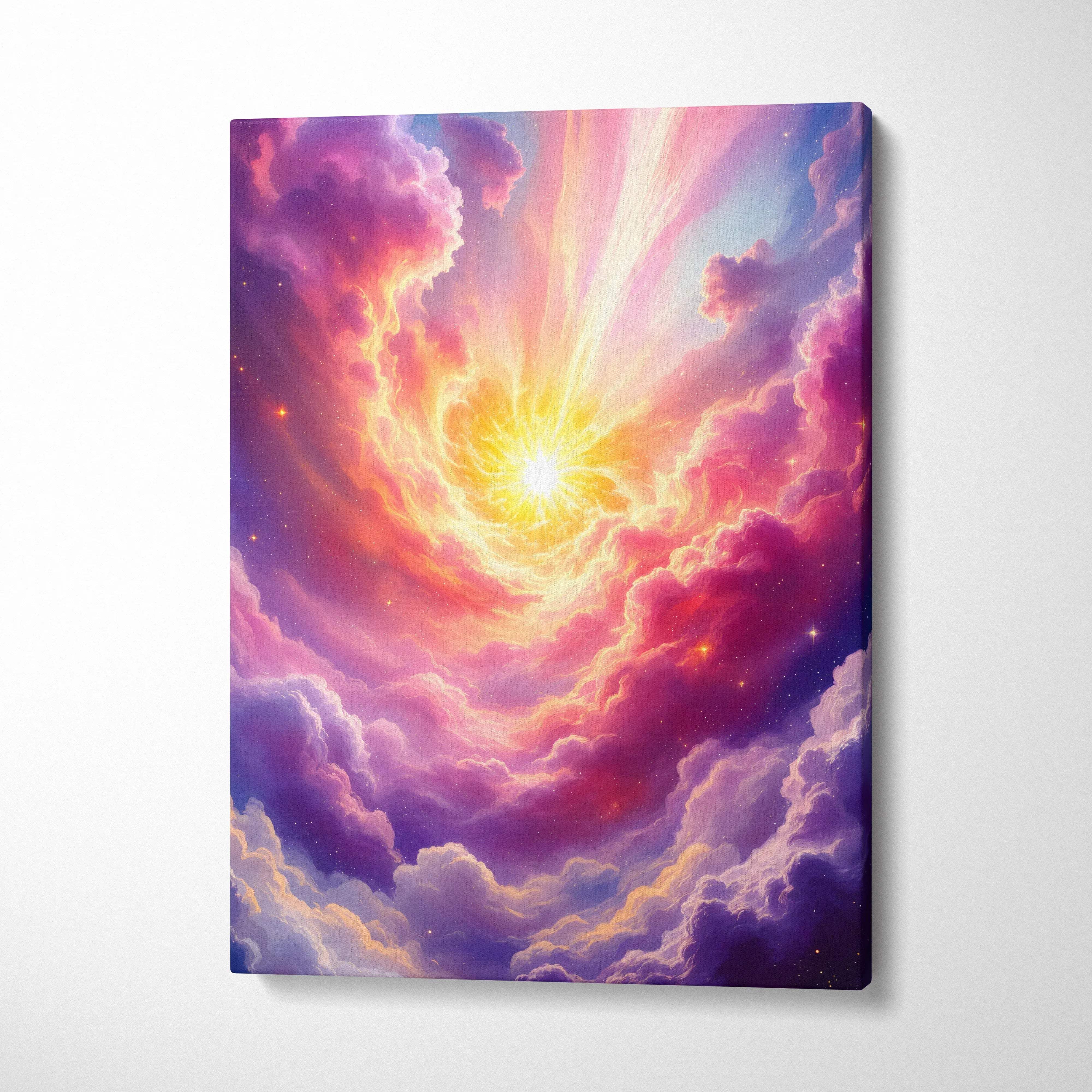 Vibrant canvas wall art of surreal celestial sunburst with pink purple orange clouds