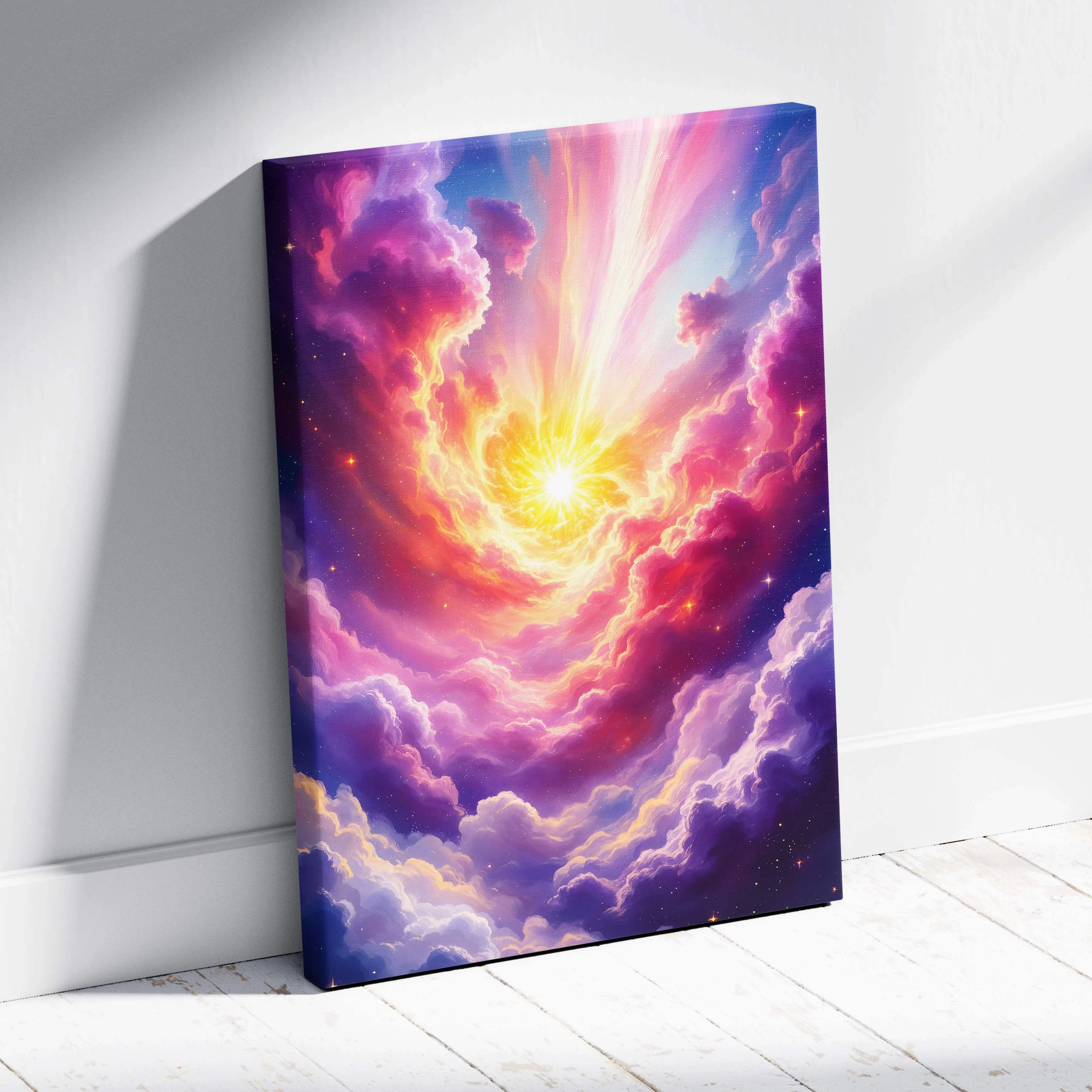 Vibrant canvas wall art of surreal celestial scene with luminous yellow core and swirling purple pink orange nebulae