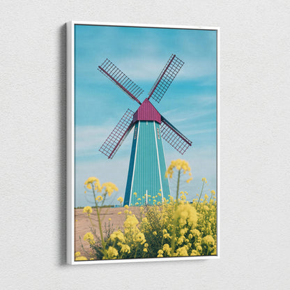 Surreal teal magenta windmill canvas wall art over yellow flowers blue sky