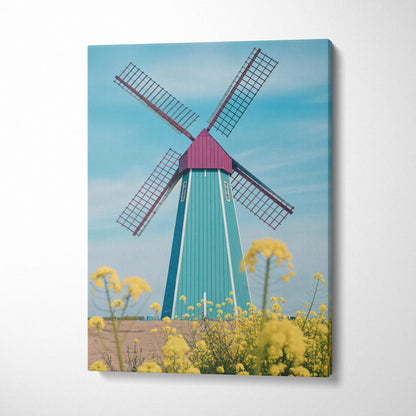 Vibrant teal magenta windmill canvas print with yellow flowers surreal field scene