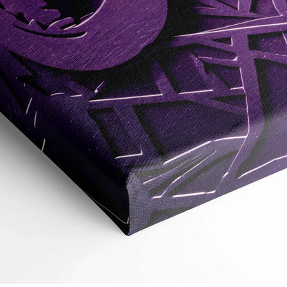 Purple 3D papercut dragon canvas wall art with wings, fire, bold black geometric lines, textured surface
