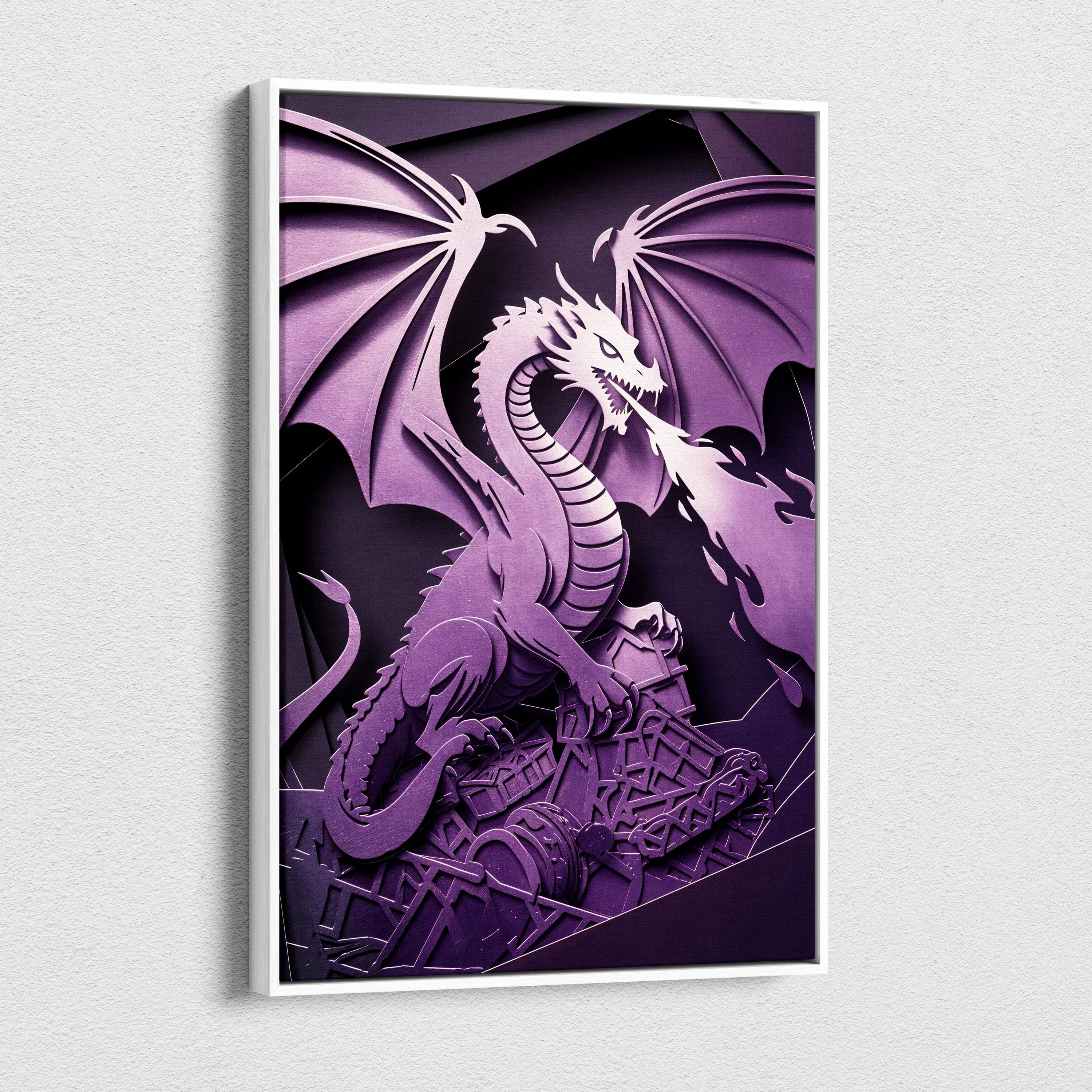 Purple 3D papercut dragon wall art in white frame with wings and fire