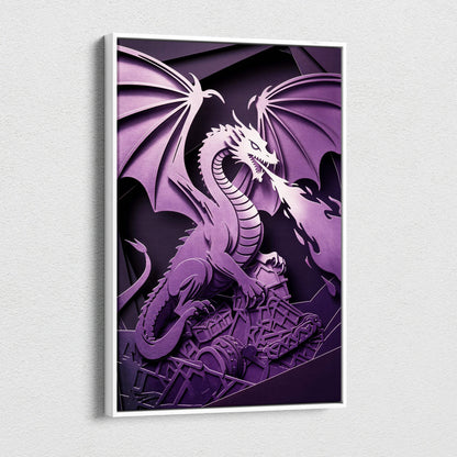 Purple 3D papercut dragon wall art in white frame with wings and fire