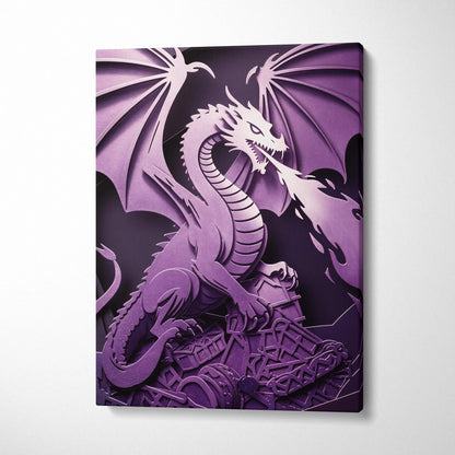 Purple 3D papercut dragon canvas wall art with layered wings and fiery breath
