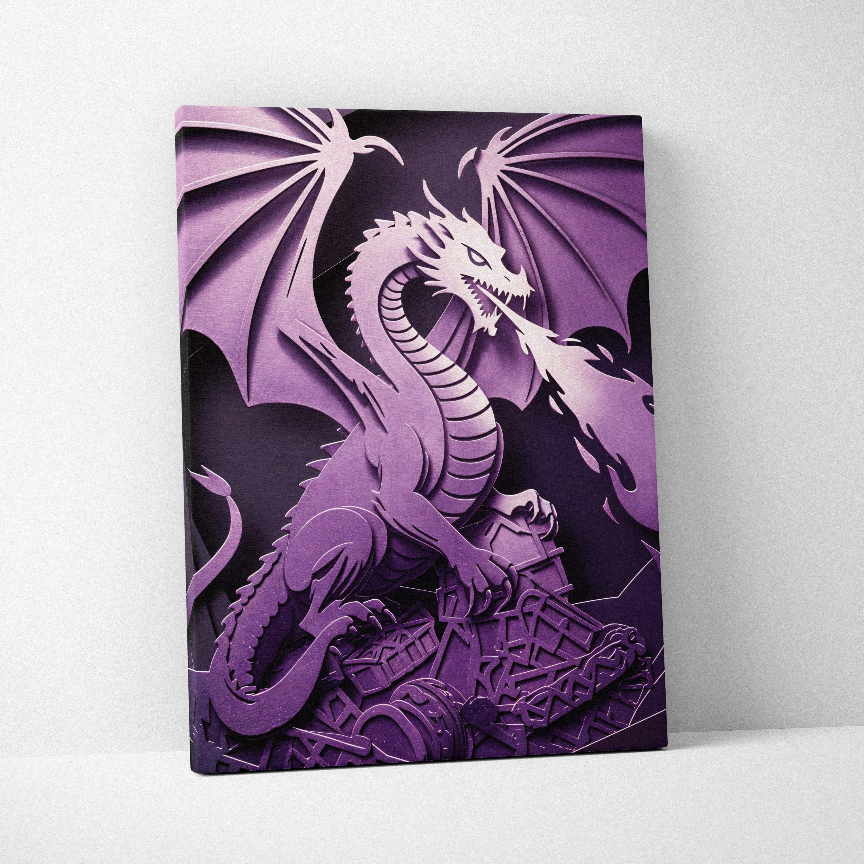 Purple 3D papercut dragon canvas wall art with wings fire mystic violet layers