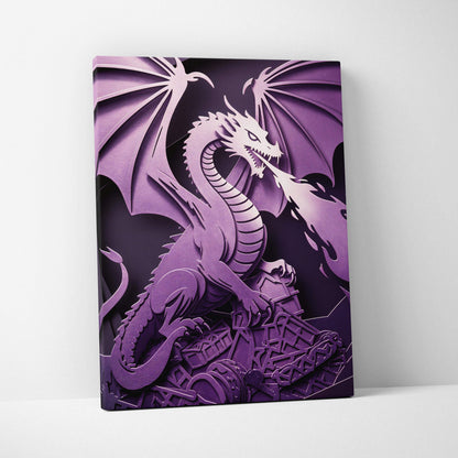 Purple 3D papercut dragon canvas wall art with wings fire mystic violet layers
