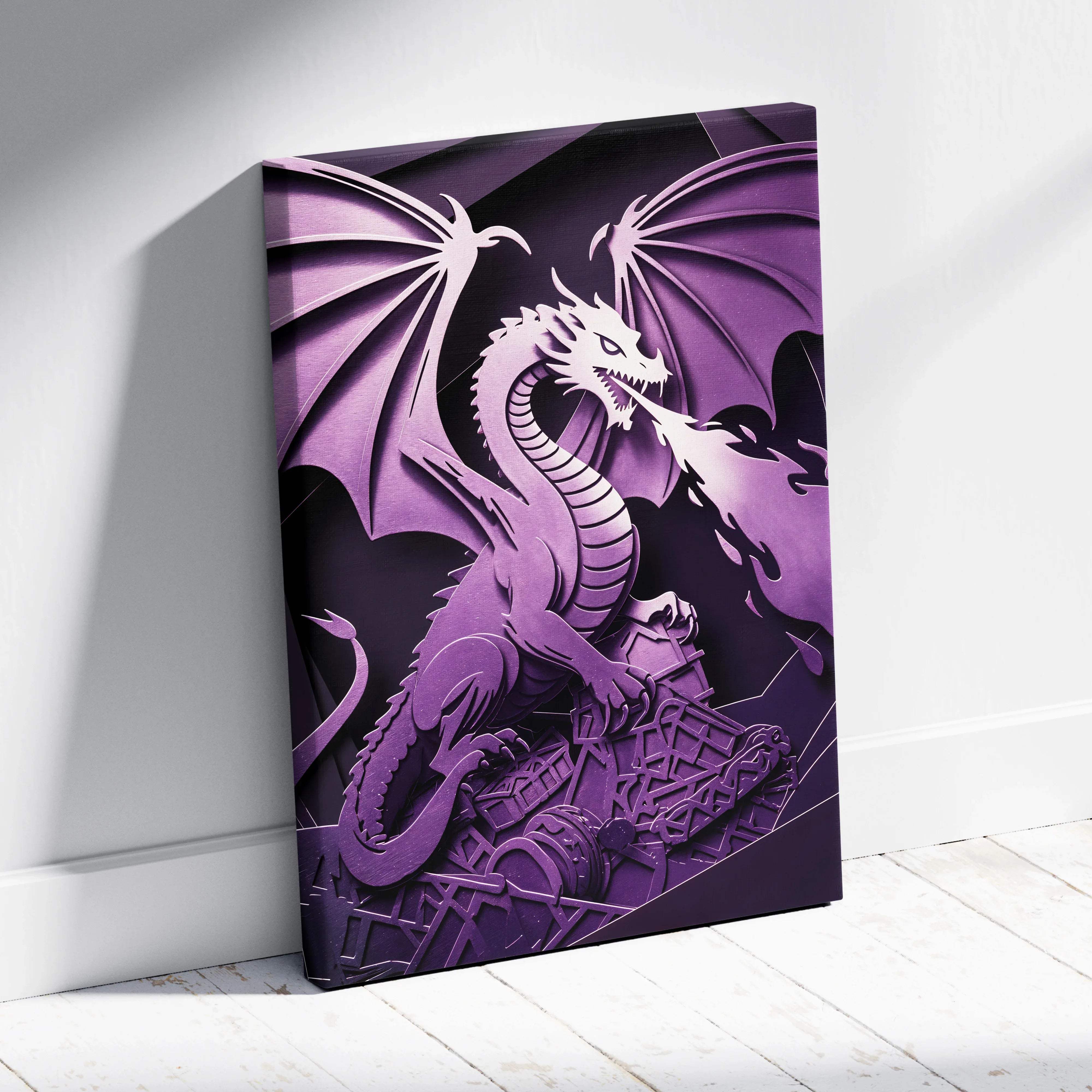 Purple 3D papercut dragon canvas wall art with wings fire mystic violet design