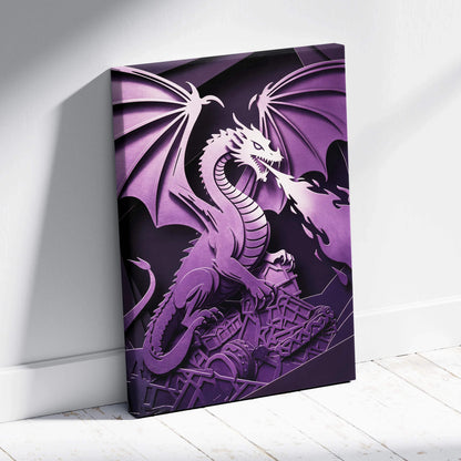 Purple 3D papercut dragon canvas wall art with wings fire mystic violet design