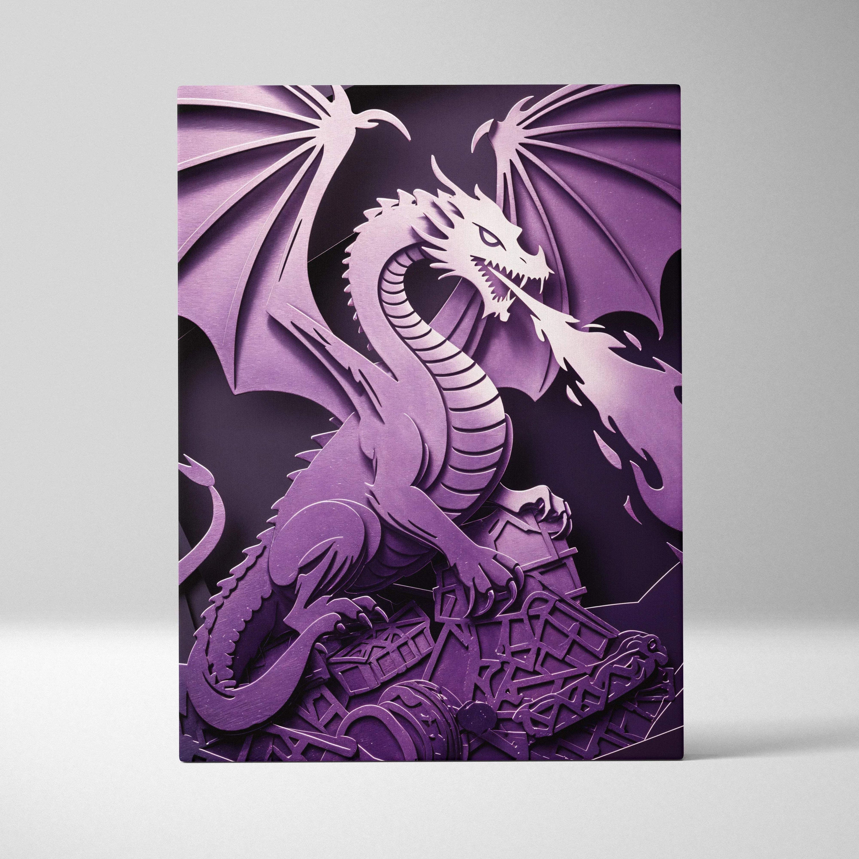 Purple 3D papercut dragon canvas wall art with intricate wings scales fire