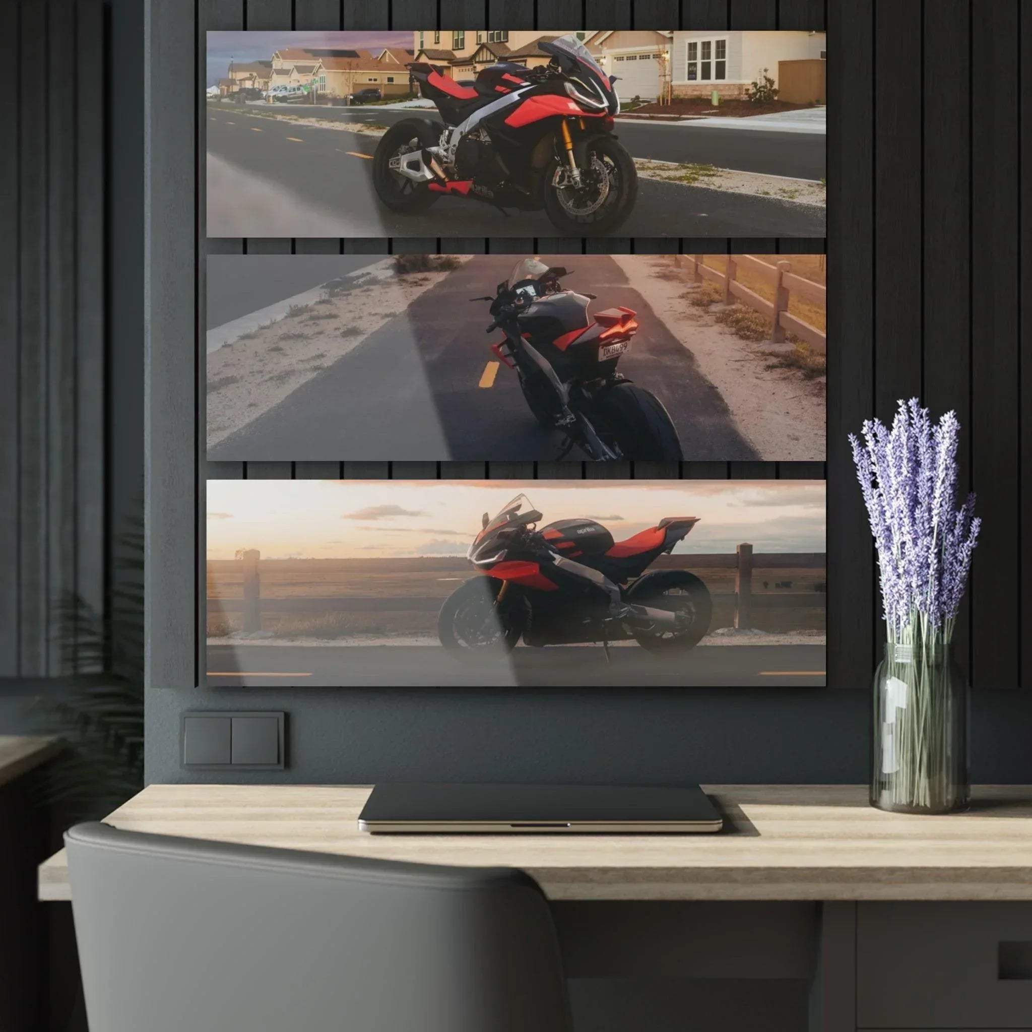 Three-piece canvas art wall art featuring Aprilia RSV4 1100 Factory motorcycle in dynamic street scenes.