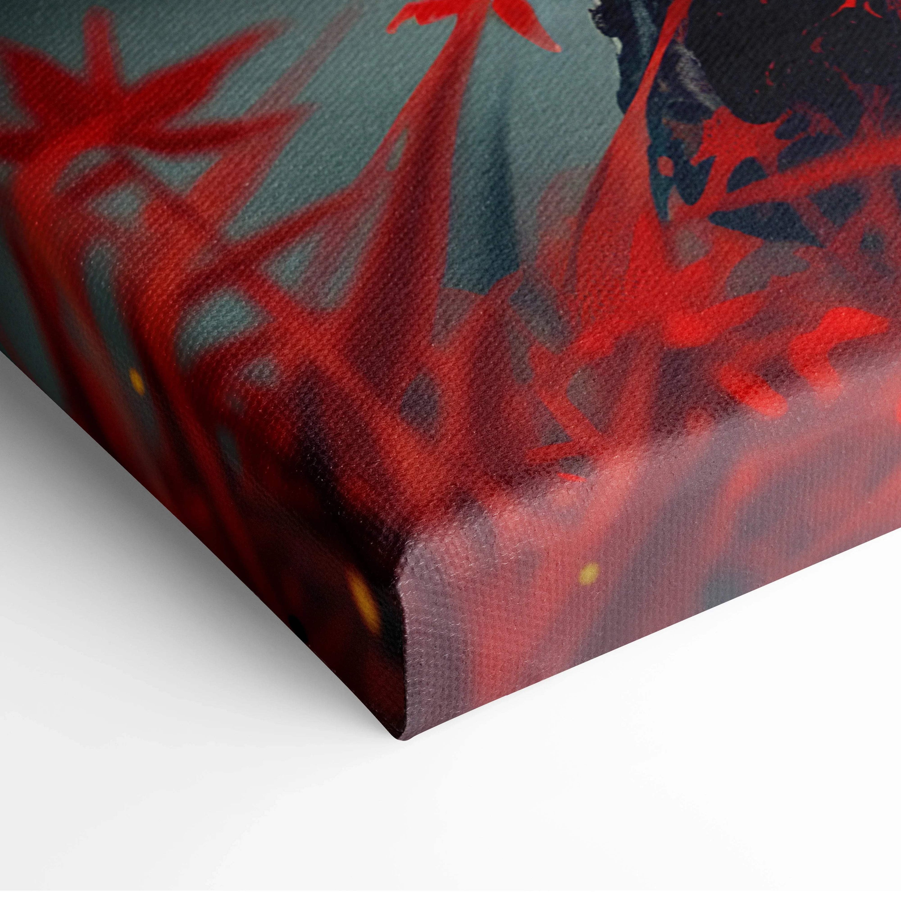 Canvas print of dark samurai fusion with red sun, leaves, bold red brushstrokes on teal