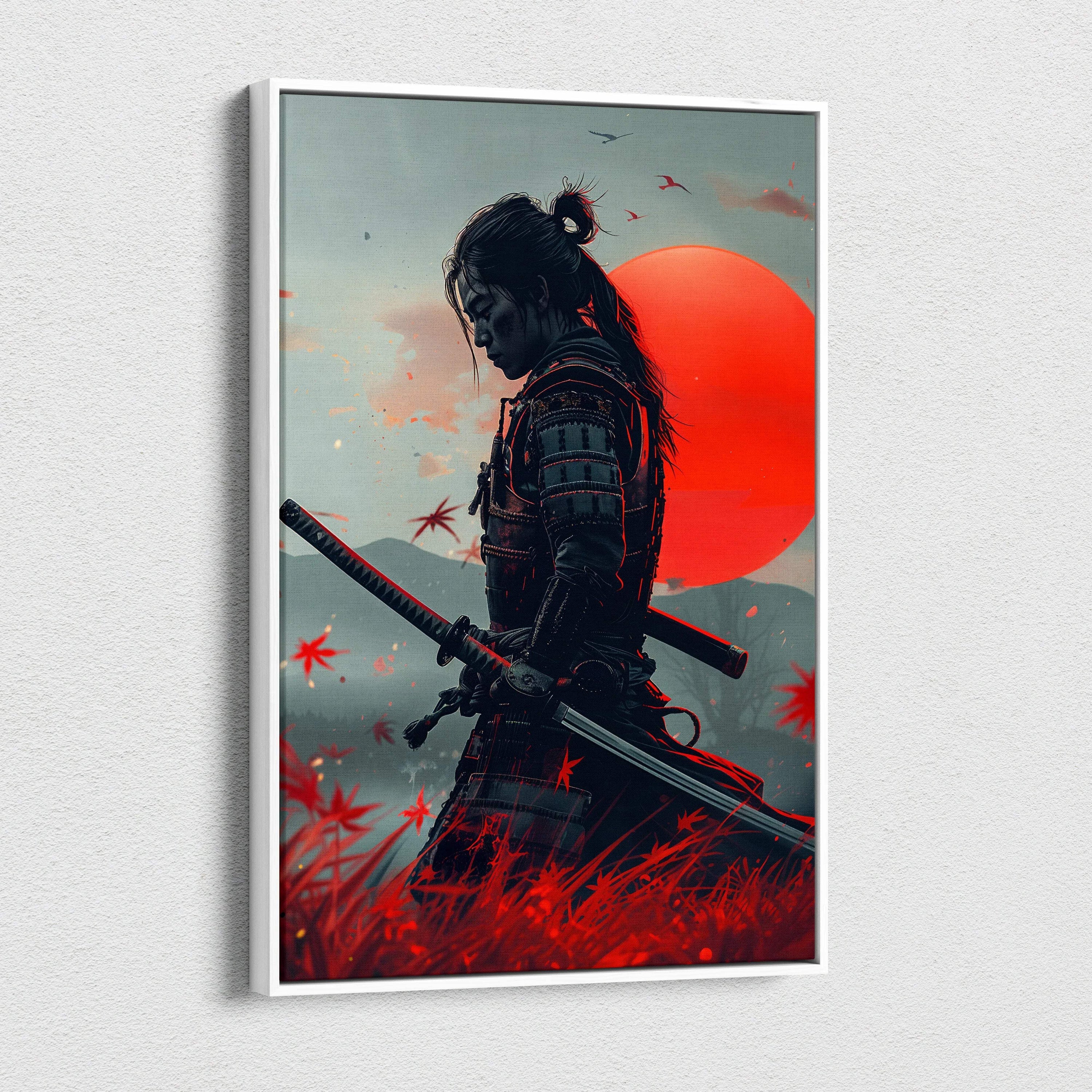 Canvas wall art of dark samurai in armor amid red maple leaves and orange sun