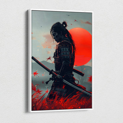 Canvas wall art of dark samurai in armor amid red maple leaves and orange sun