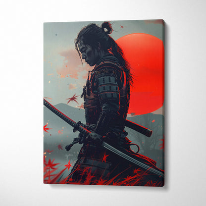 Dark samurai canvas wall art with red sun and drifting autumn leaves