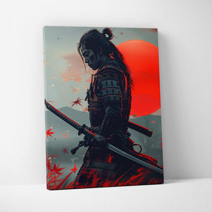 Canvas print of dark armored samurai with dual swords, red sun, autumn leaves