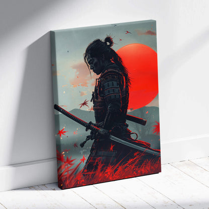 Dark samurai canvas wall art with red sun and drifting autumn leaves