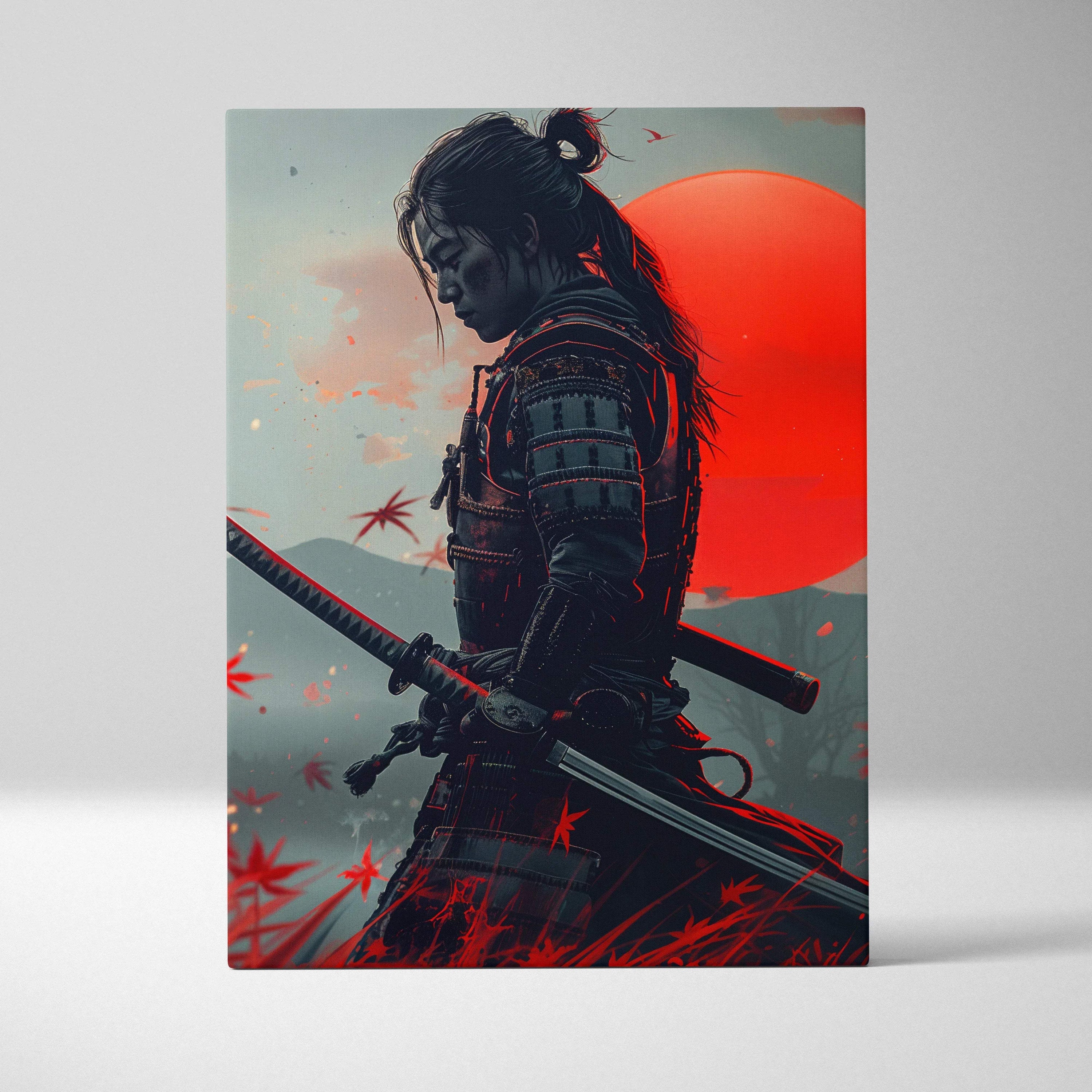 Canvas wall art of dark samurai with dual swords, red sun, autumn leaves
