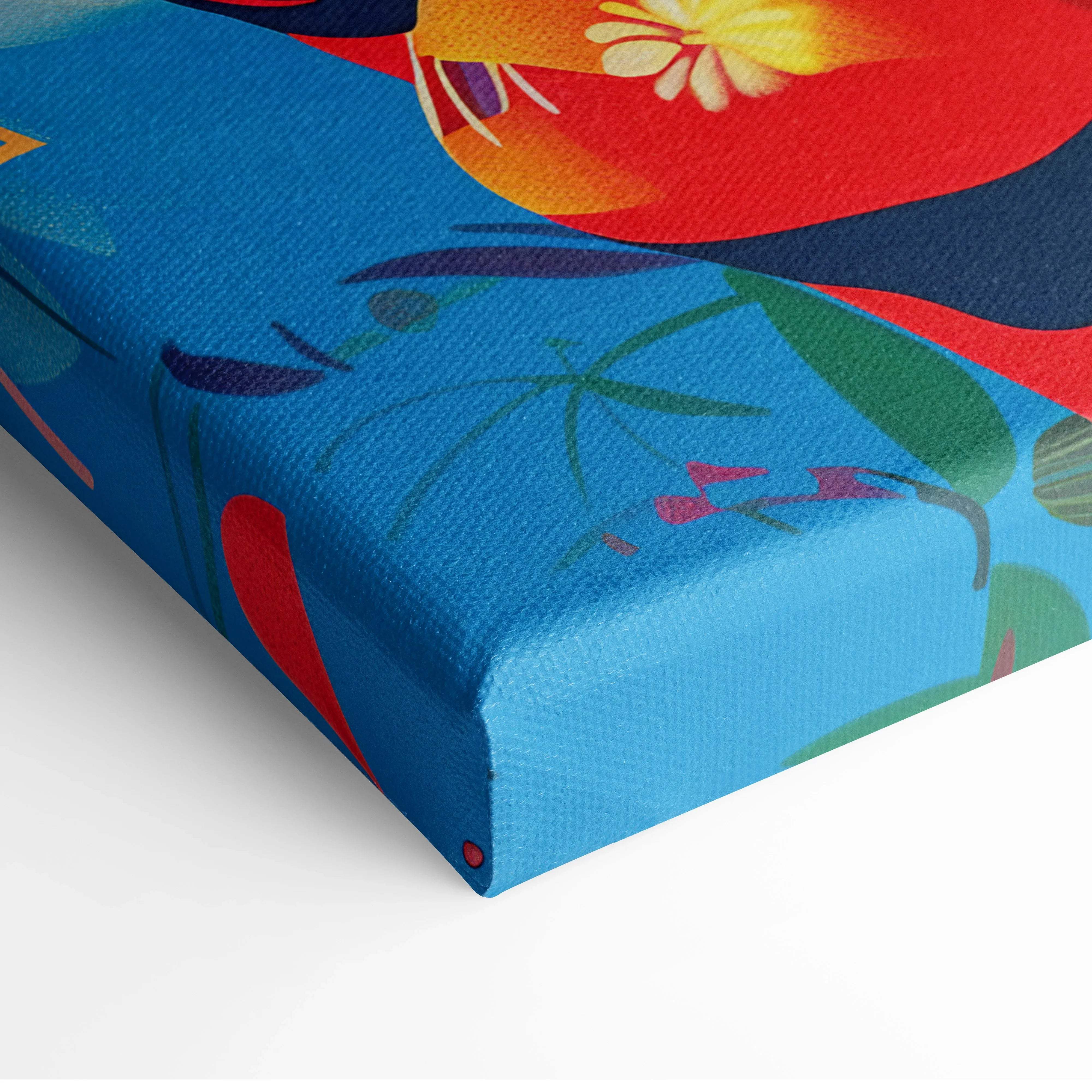 Blue canvas wall art with vibrant abstract floral portrait and colorful faces