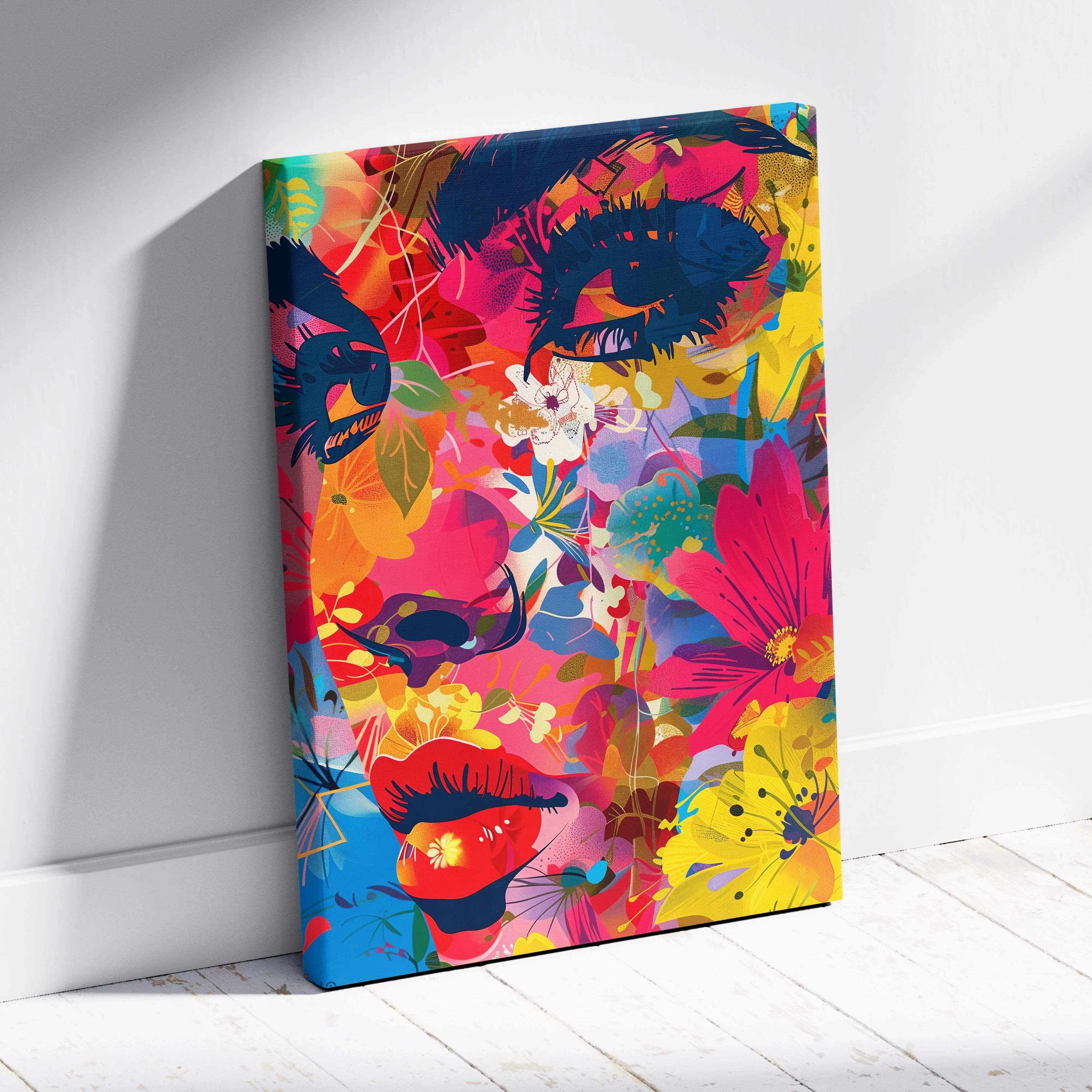 Vibrant abstract floral portrait canvas wall art with colorful pop-art faces