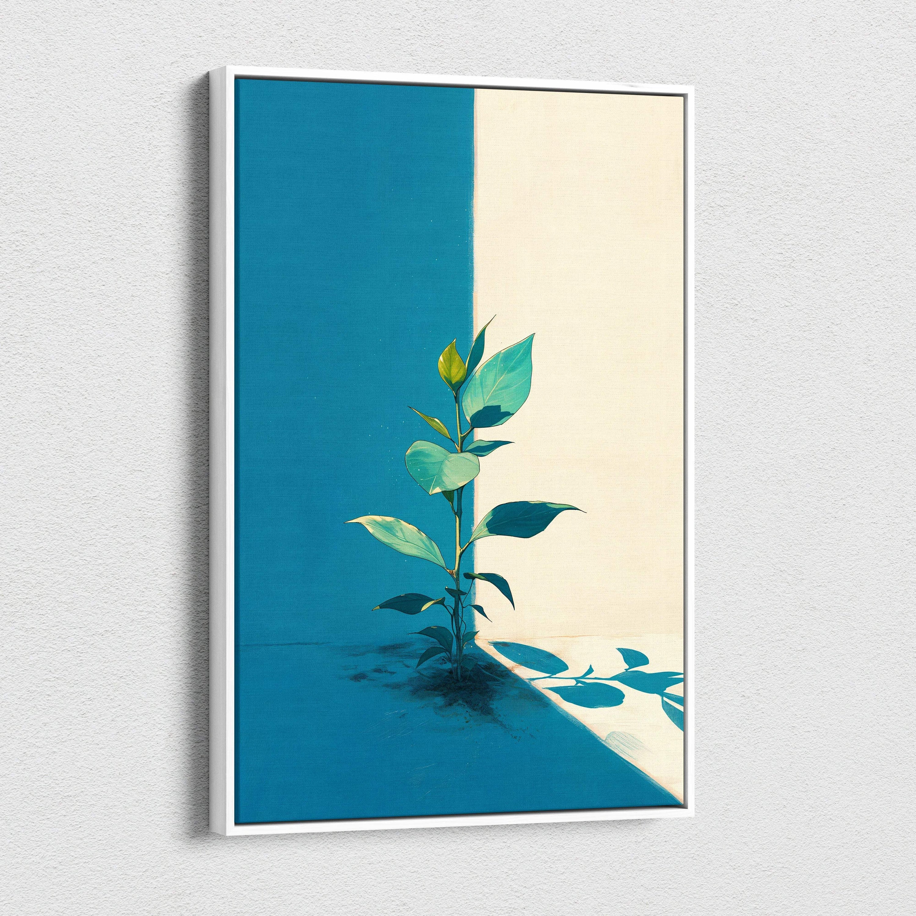 Minimalist canvas wall art of green plant with yellow bud on blue neutral panels