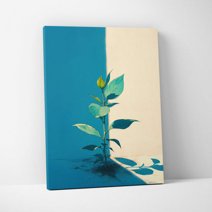 Minimalist botanical canvas wall art with green plant on teal cream panels