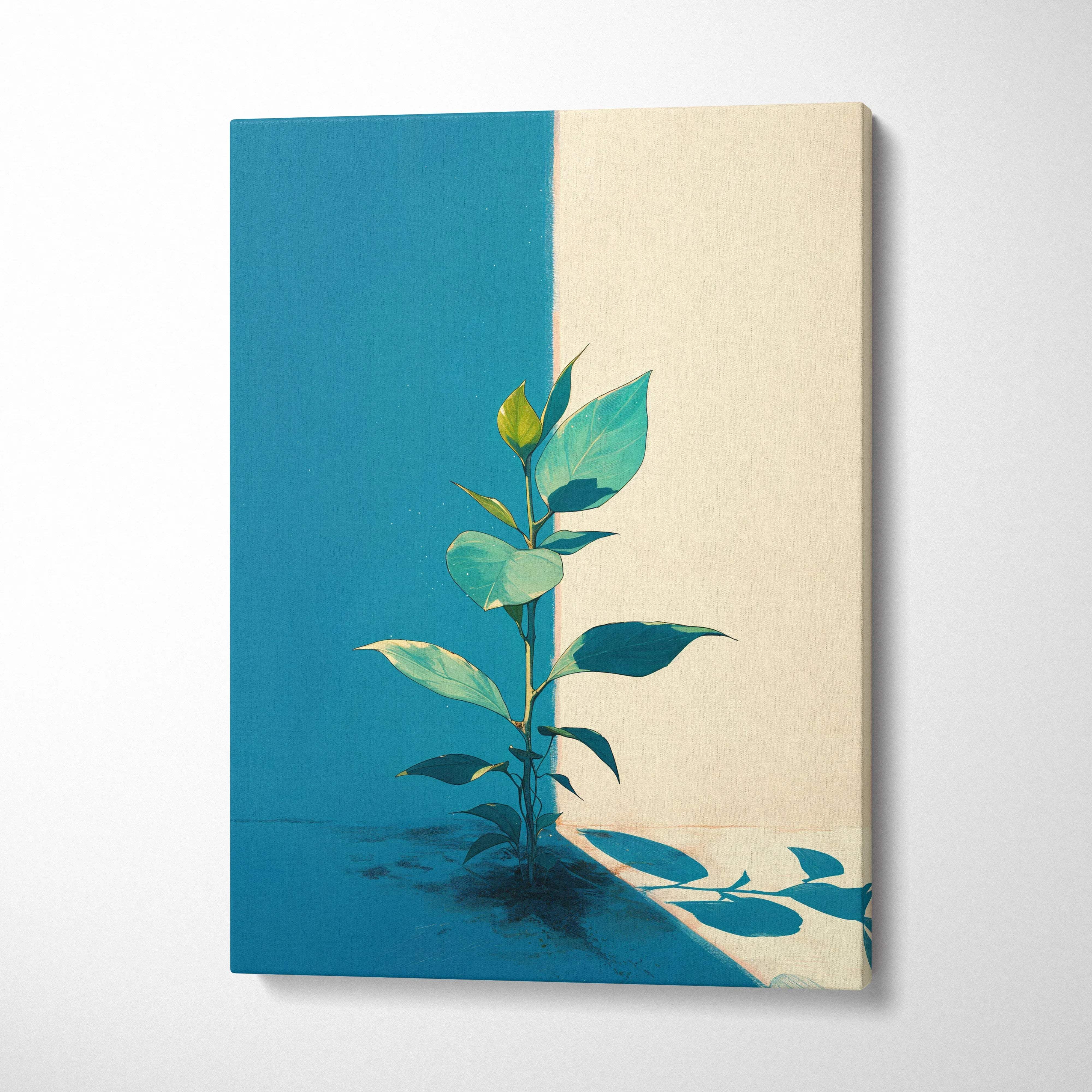 Minimalist canvas print of green plant on blue beige wall