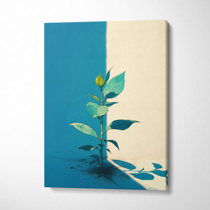 Minimalist canvas print of green plant on blue beige wall