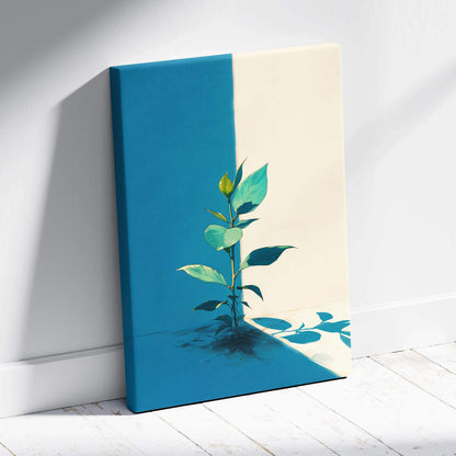 Modern minimalist botanical canvas wall art with green plant on teal and cream background