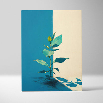 Minimalist botanical canvas wall art with single green plant and yellow bud on blue-cream background