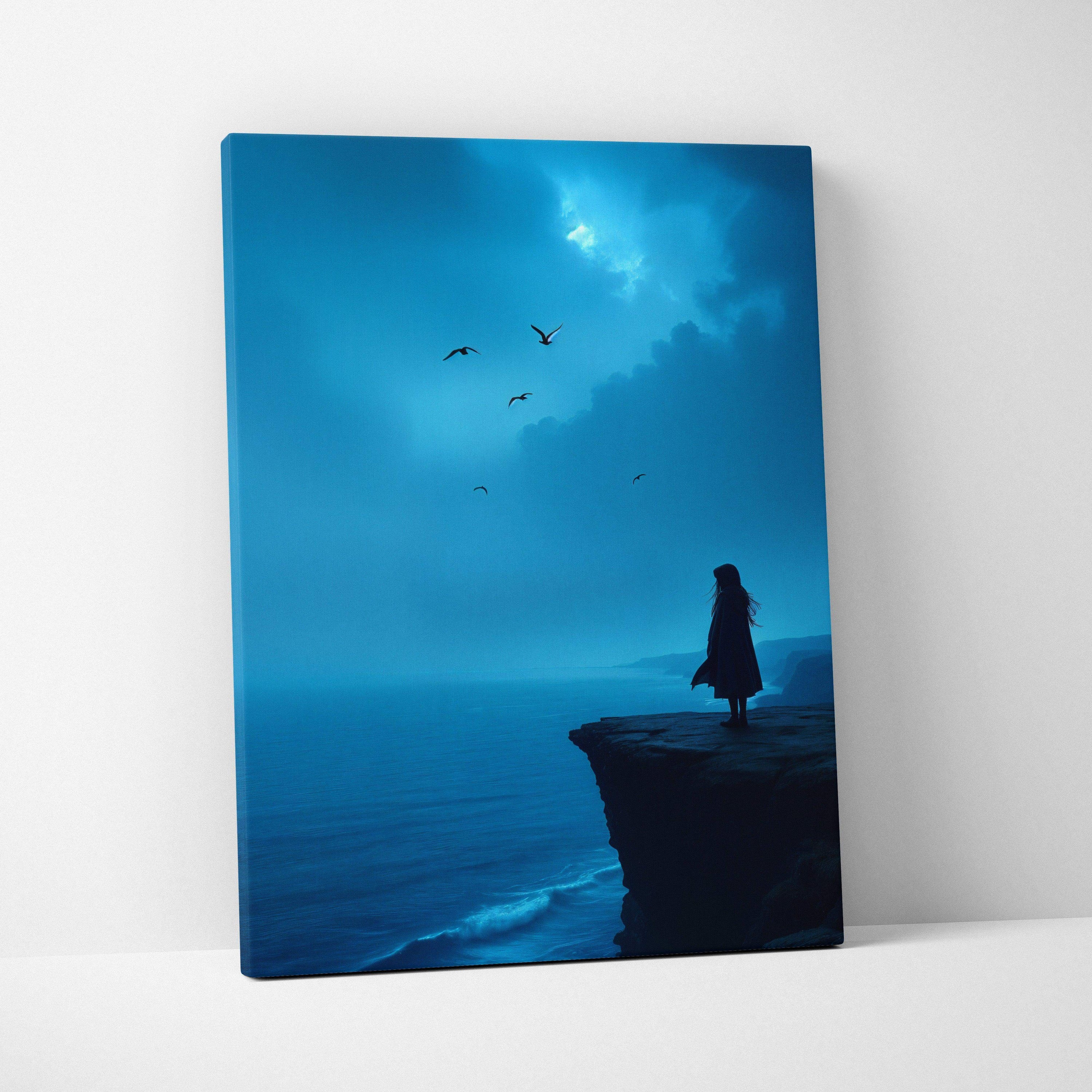 Blue canvas wall art of solitary silhouette on cliff over moody moonlit ocean