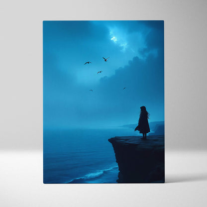 Blue-toned canvas wall art of solitary figure on coastal cliff overlooking moody ocean