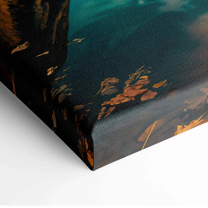 Textured dark teal and gold leaf canvas print of autumn mountain lake sunset