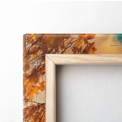 Canvas wall art of autumn mountain lake with golden trees and warm sunset mood