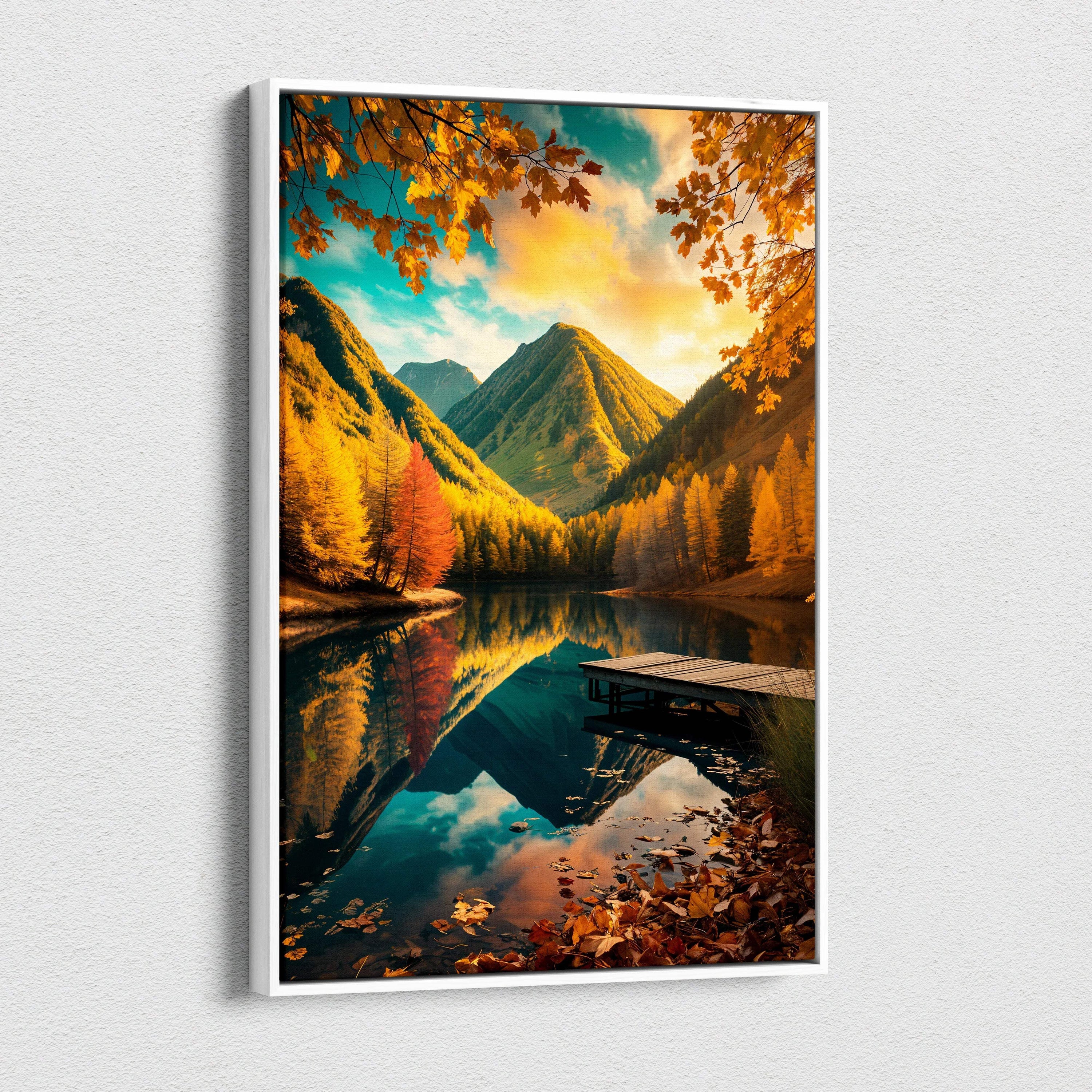 Framed canvas print of serene autumn mountain lake with golden trees and dock