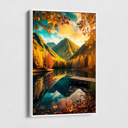 Framed canvas print of serene autumn mountain lake with golden trees and dock
