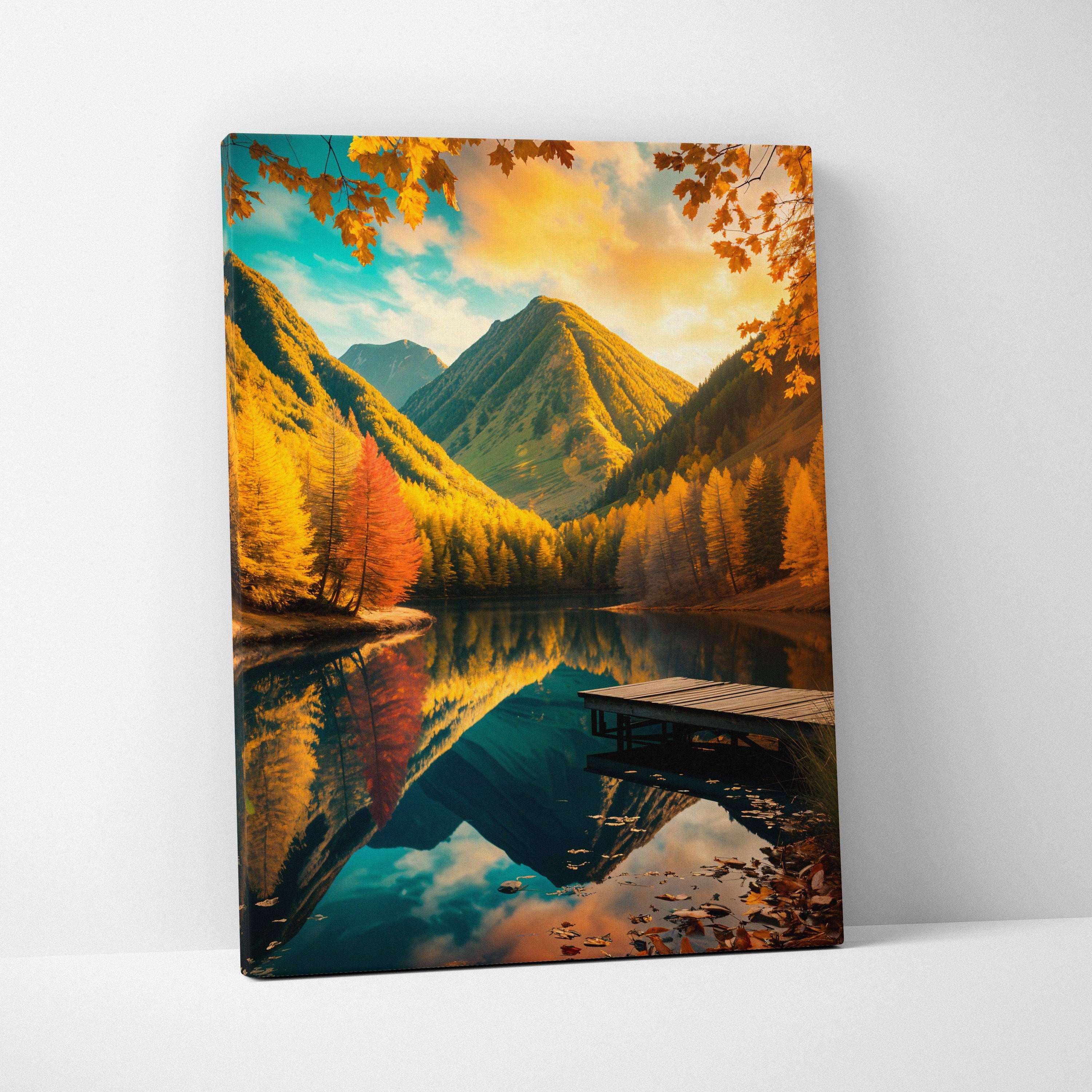 Vibrant autumn canvas print with golden trees, serene lake reflecting mountains at sunset