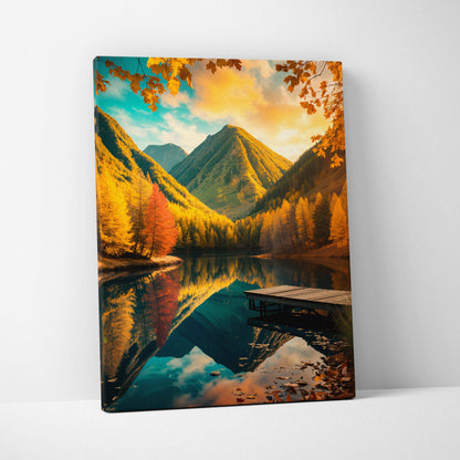 Vibrant autumn canvas print with golden trees, serene lake reflecting mountains at sunset