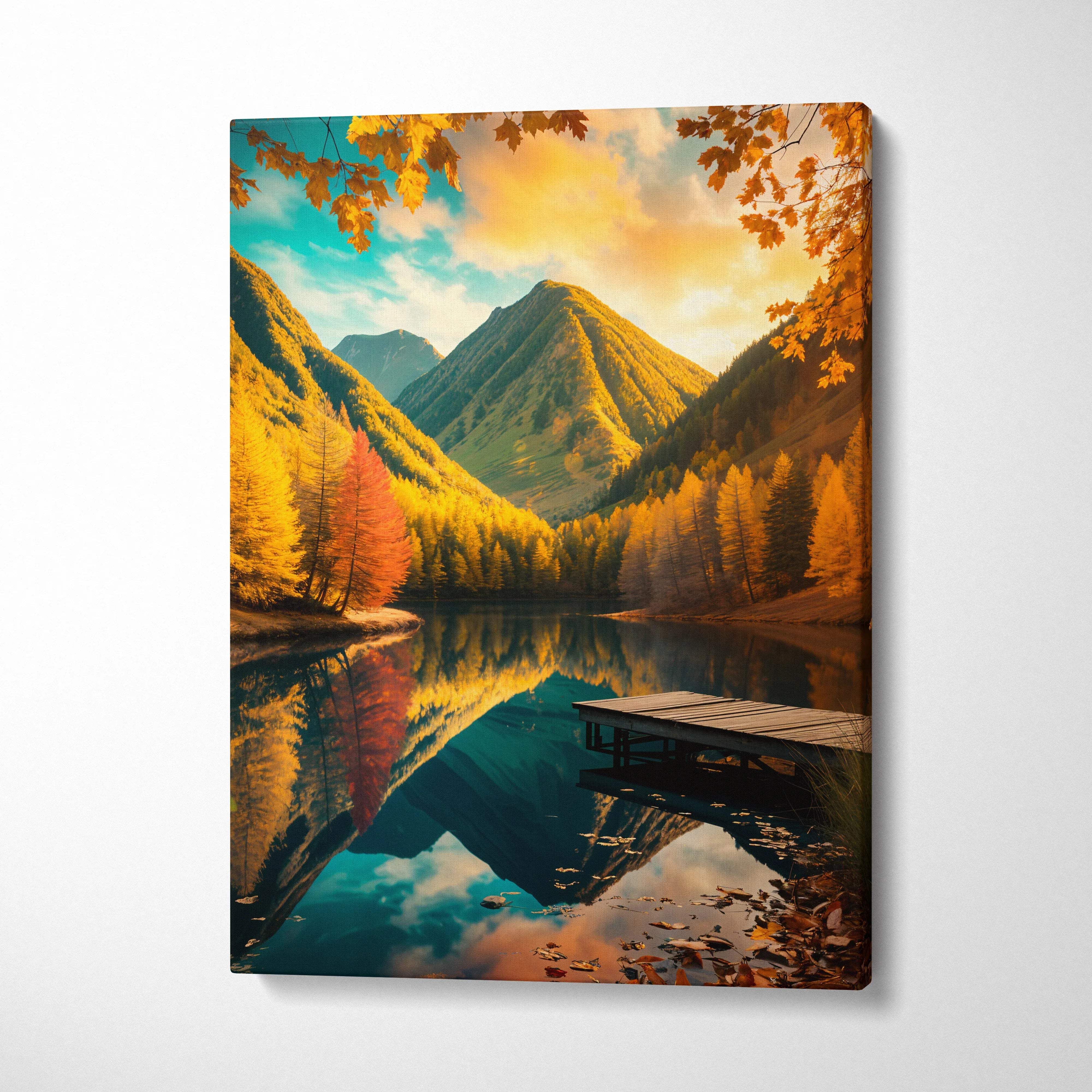 Autumn landscape canvas print with golden trees, lake reflection, mountains