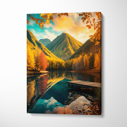 Autumn landscape canvas print with golden trees, lake reflection, mountains