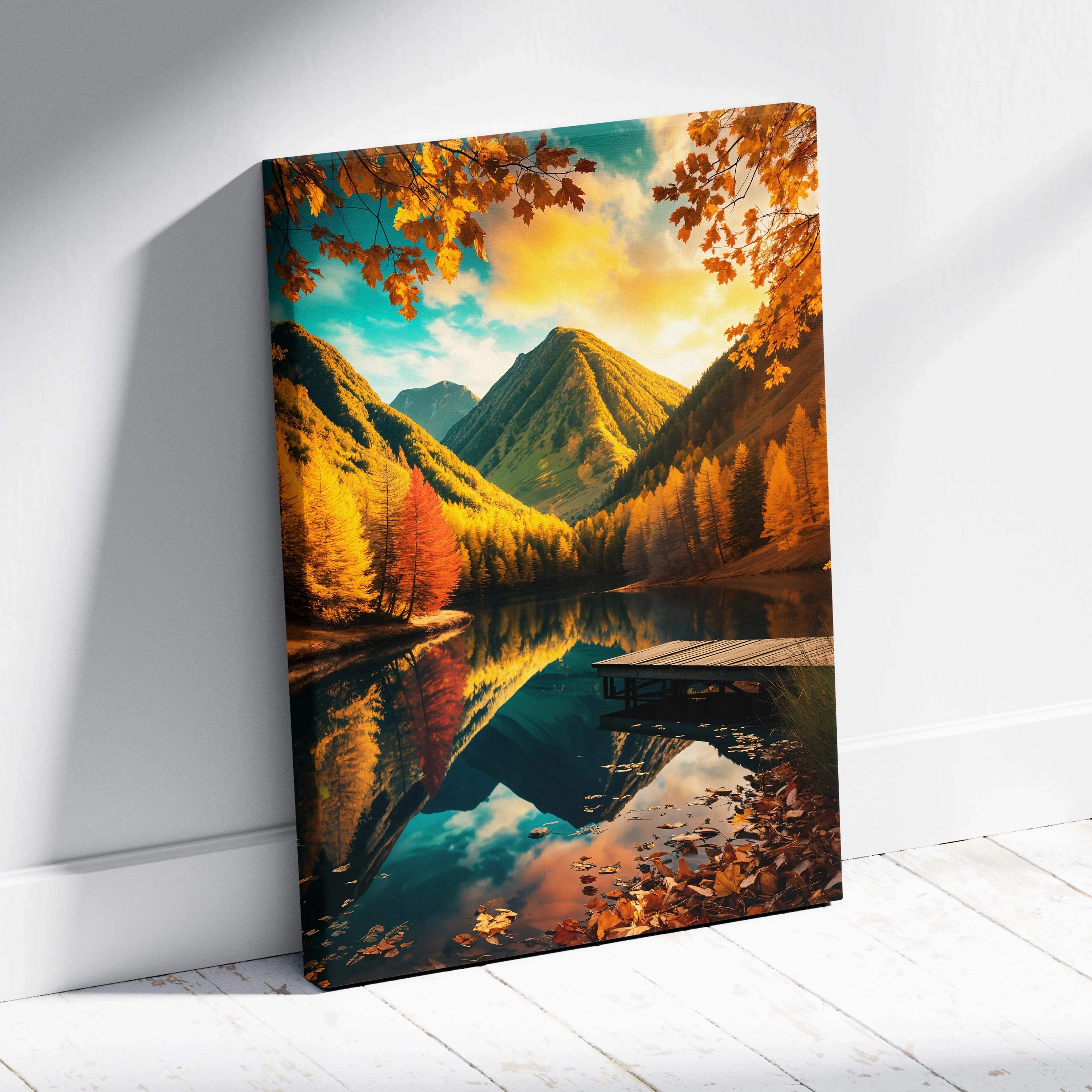 Autumn landscape canvas with golden trees, lake mirror, mountains, sunset mood