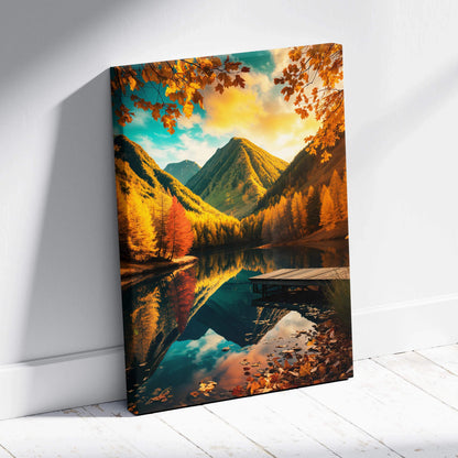Autumn landscape canvas with golden trees, lake mirror, mountains, sunset mood