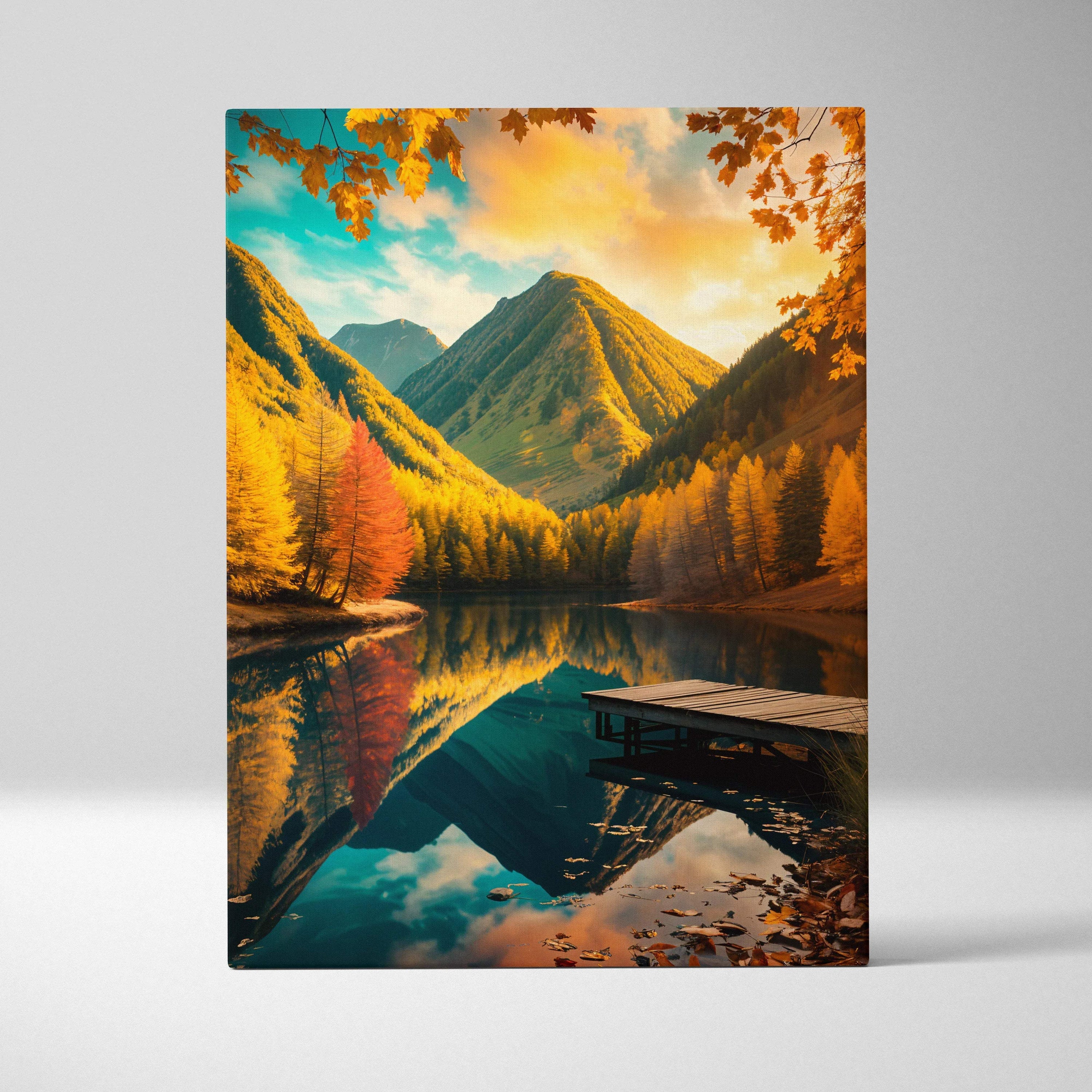 Autumn mountain lake canvas wall art with golden trees and sunset mood
